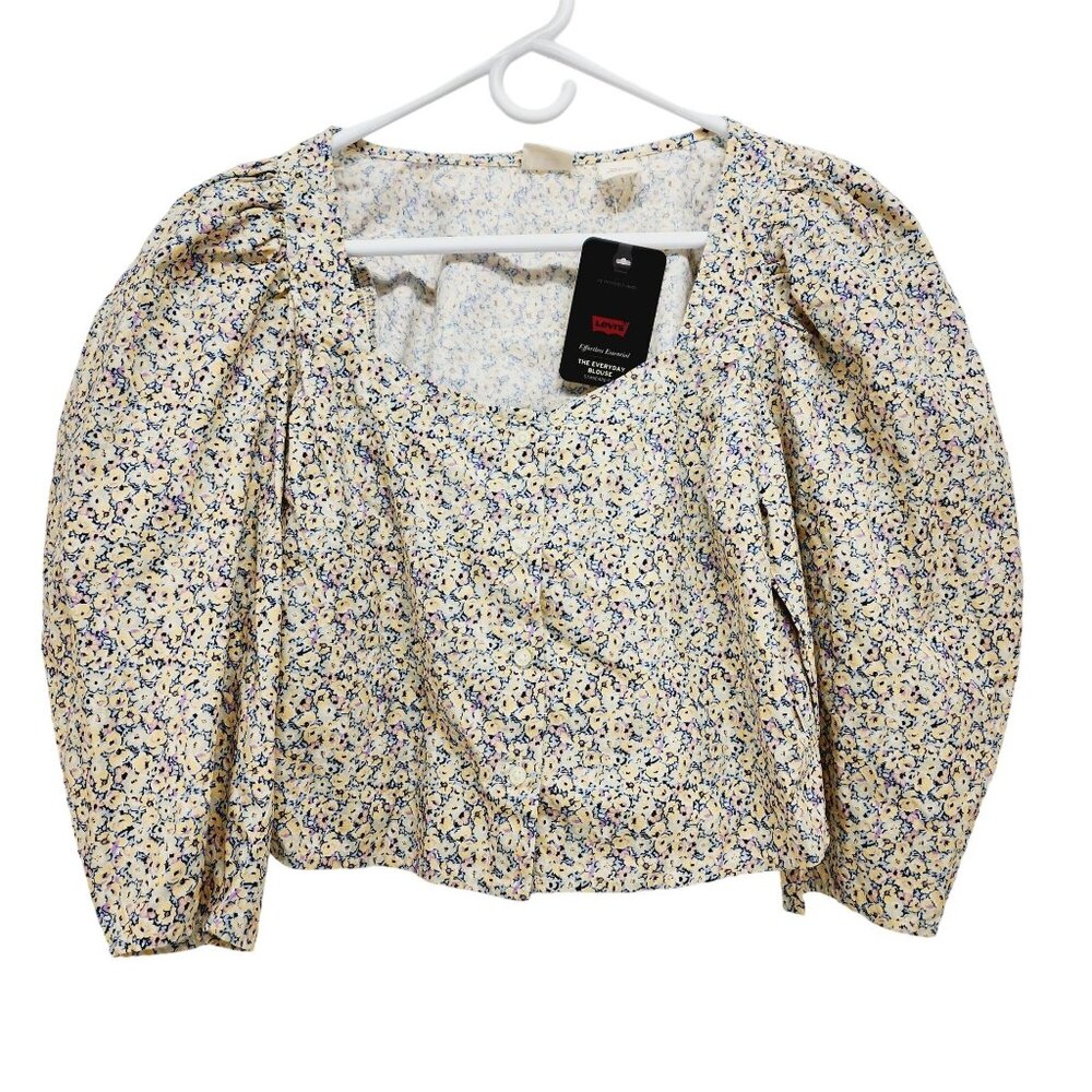 Levi's Floral Cropped Top Women's Size S Beige Square Neck Puff Sleeves